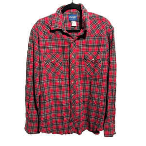 VTG Wrangler Red Plaid Flannel Pearl Snap Long Sleeve‎ Top Sz XL Western Holiday